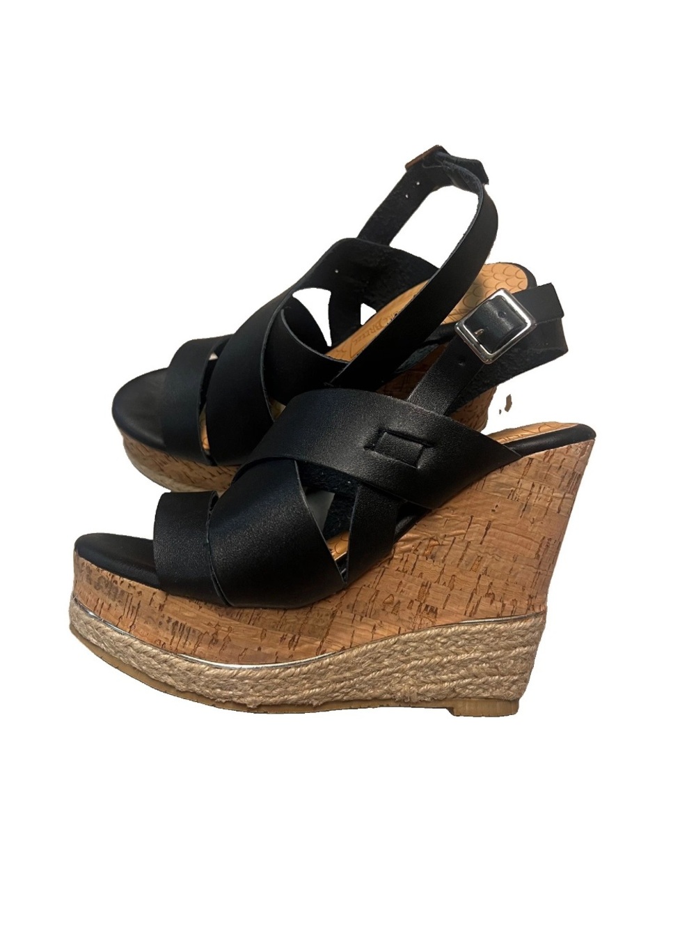 NWB Nature Breeze Black Strappy Cork Wedge Sandals Sz 5.5 Lightweight